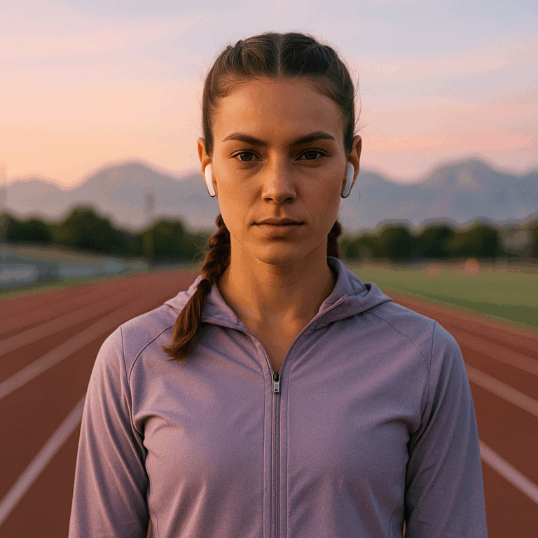 Jeune athlète femme en pleine préparation mentale avec hypnose sportive avant compétition de sprint