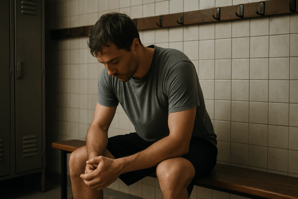Sportif amateur assis dans un vestiaire, démotivé et fatigué, en tenue sportive.