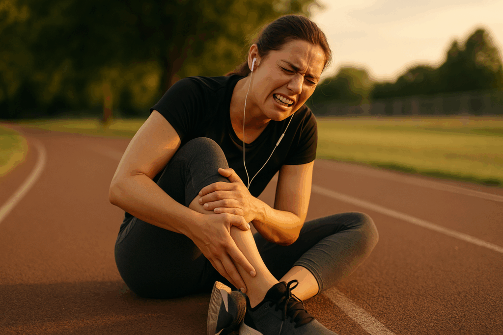Sportif amateur en situation réelle, au sol se tenant la jambe douloureuse, illustrant une blessure typique causée par le surentraînement