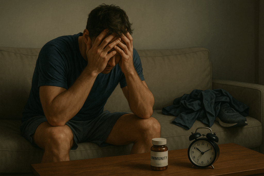 Sportif amateur visiblement épuisé chez lui, illustrant concrètement les risques à long terme du surentraînement : burn-out, immunité affaiblie et troubles du sommeil