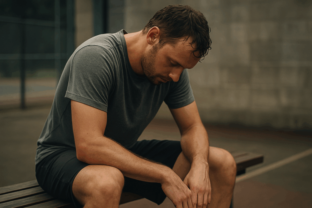 Sportif amateur épuisé après une séance intense, illustrant clairement le surentraînement et la fatigue chronique liée à l'excès d'entraînement sportif