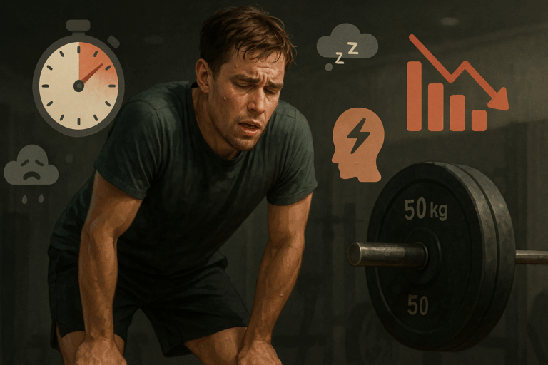Illustration réaliste d'un sportif amateur en situation d’épuisement lié au surentraînement, entouré de symboles évoquant fatigue, stress et baisse de performance
