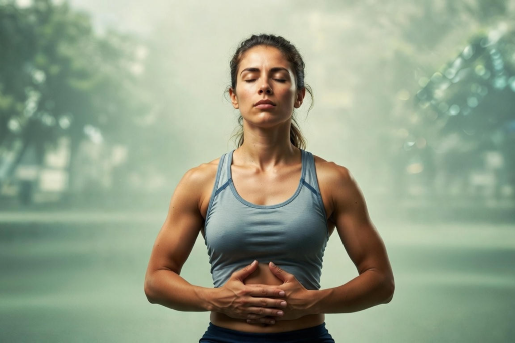 Athlète féminine pratiquant la respiration profonde pour réduire le stress et l'anxiété, assise en extérieur avec les mains sur le ventre et les yeux fermés.
