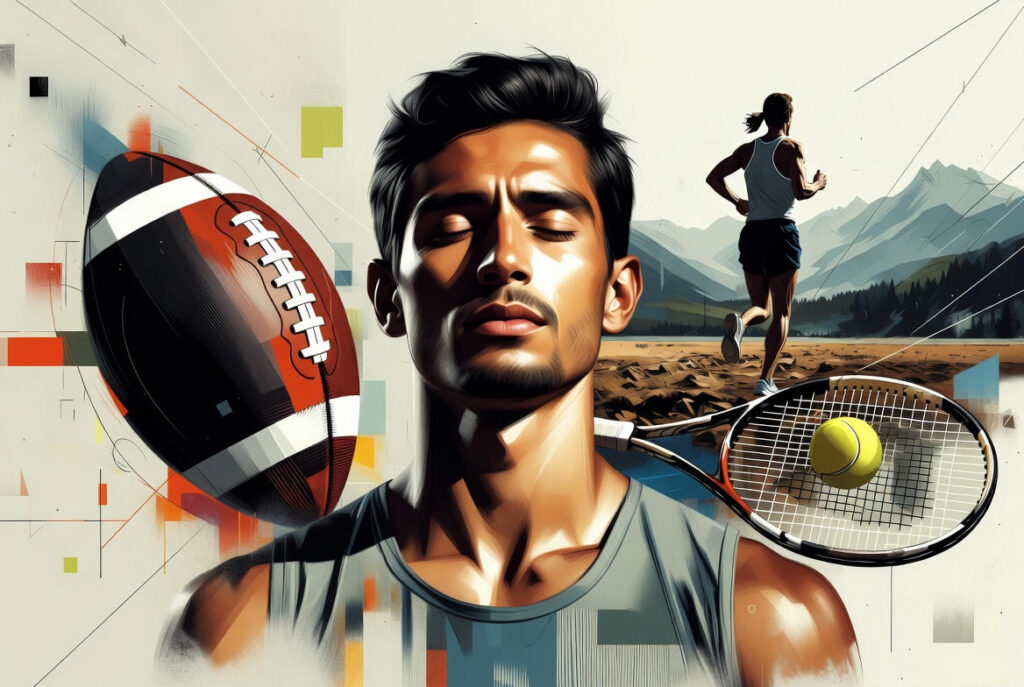 Illustration d'un athlète pratiquant la visualisation mentale pour gérer le stress avant une compétition, avec des éléments de sports variés comme le football américain, le trail running et le tennis en arrière-plan.