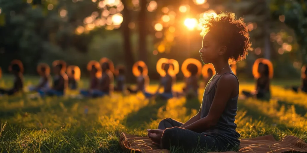 Jeune enfant calme en état de méditation ou d'hypnose, assise dans l'herbe au coucher du soleil, illustrant la sérénité apportée par l'hypnothérapie pour enfants.