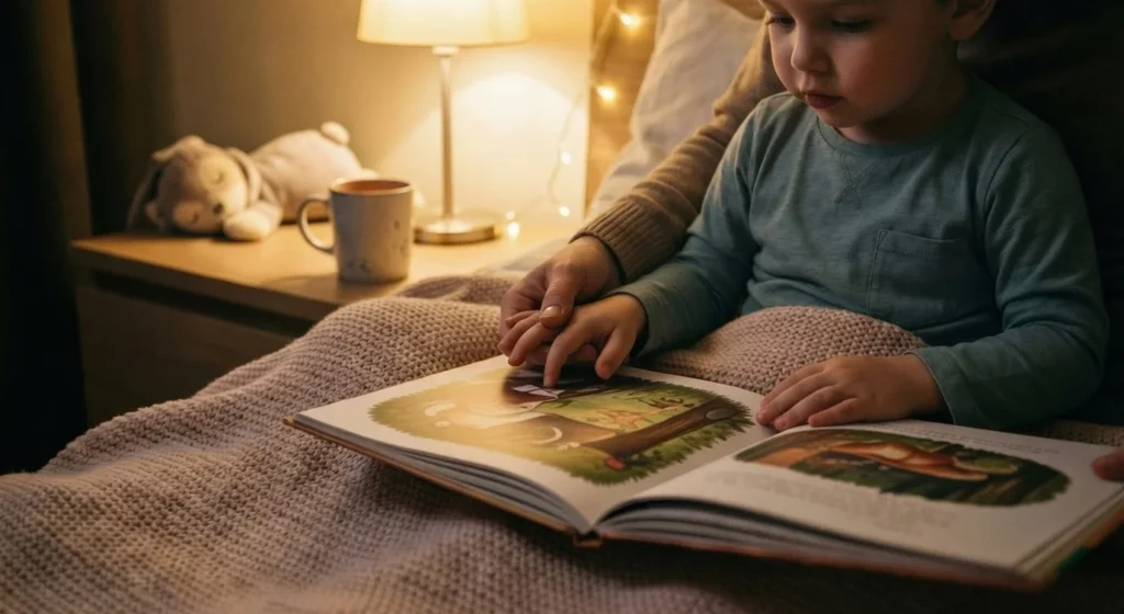 Moment calme du rituel du coucher : un parent lit une histoire apaisante à son enfant pour favoriser l'endormissement et réduire le stress du soir.