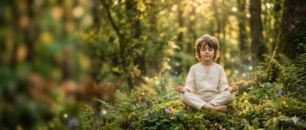 Jeune enfant calme en état de méditation ou d'hypnose, assise dans l'herbe au coucher du soleil, illustrant la sérénité apportée par l'hypnothérapie pour enfants.