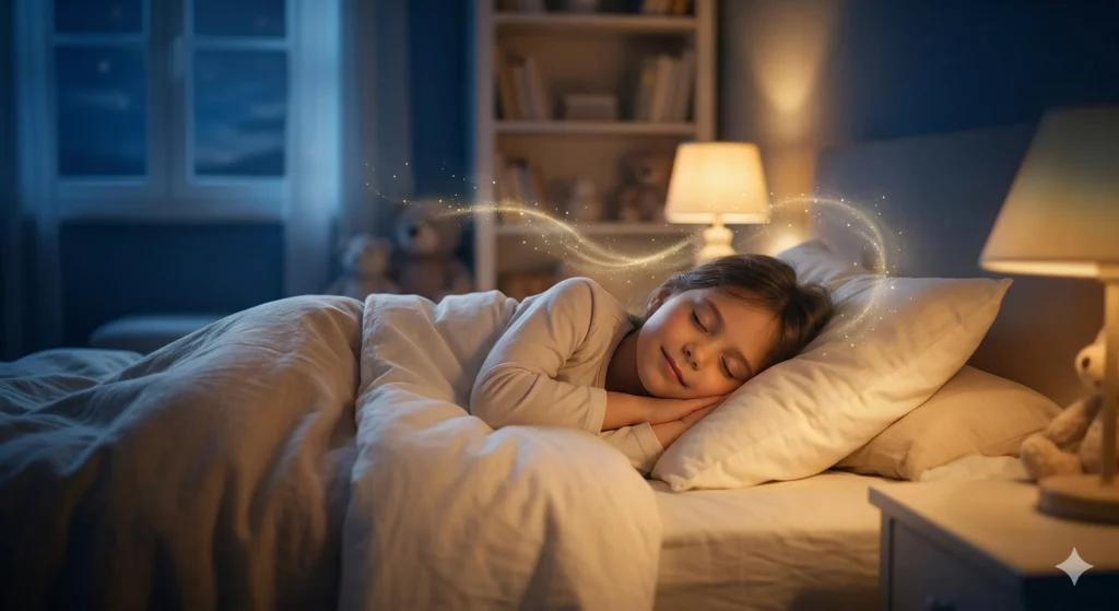 Petite fille dormant paisiblement dans son lit, apaisée par une lumière douce, représentant les bienfaits de l'hypnose pour le sommeil de l'enfant.
