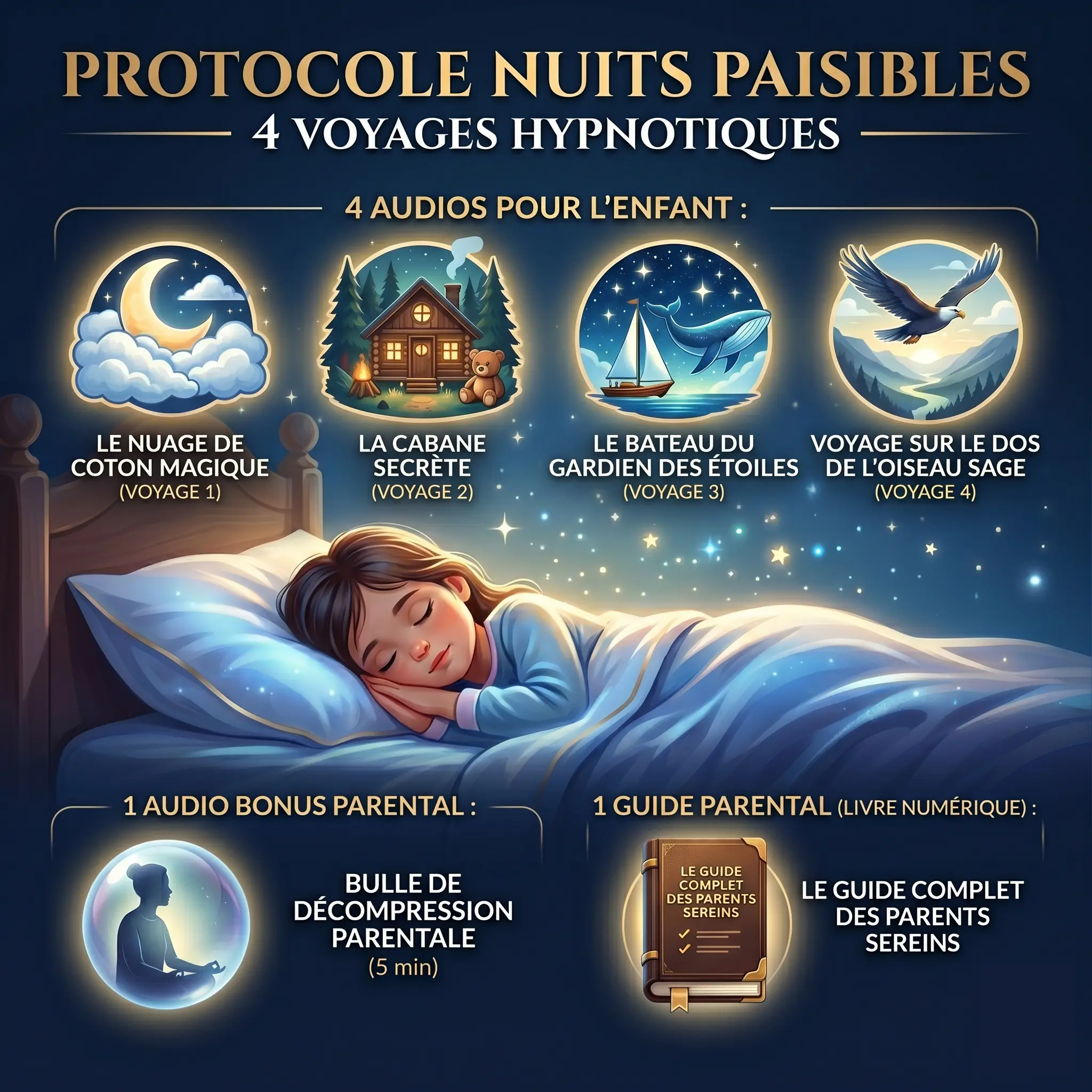 Visuel du Protocole Nuits Paisibles de Jonathan Rouiller : méthode d'hypnose pour le sommeil de l'enfant comprenant 4 voyages audio magiques, un audio de décompression parentale et un guide pratique pour des soirées calmes.