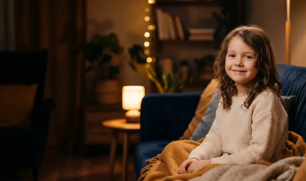 Photographie au format paysage d'une petite fille d'environ 6 ans au sourire doux et serein. Elle est assise sur la droite de l'image, enveloppée dans un plaid ocre sur un canapé bleu. La scène se déroule dans un salon chaleureux à l'éclairage tamisé. La moitié gauche de l'image est un espace vide avec un arrière-plan flou et sombre, laissant de la place pour du texte.