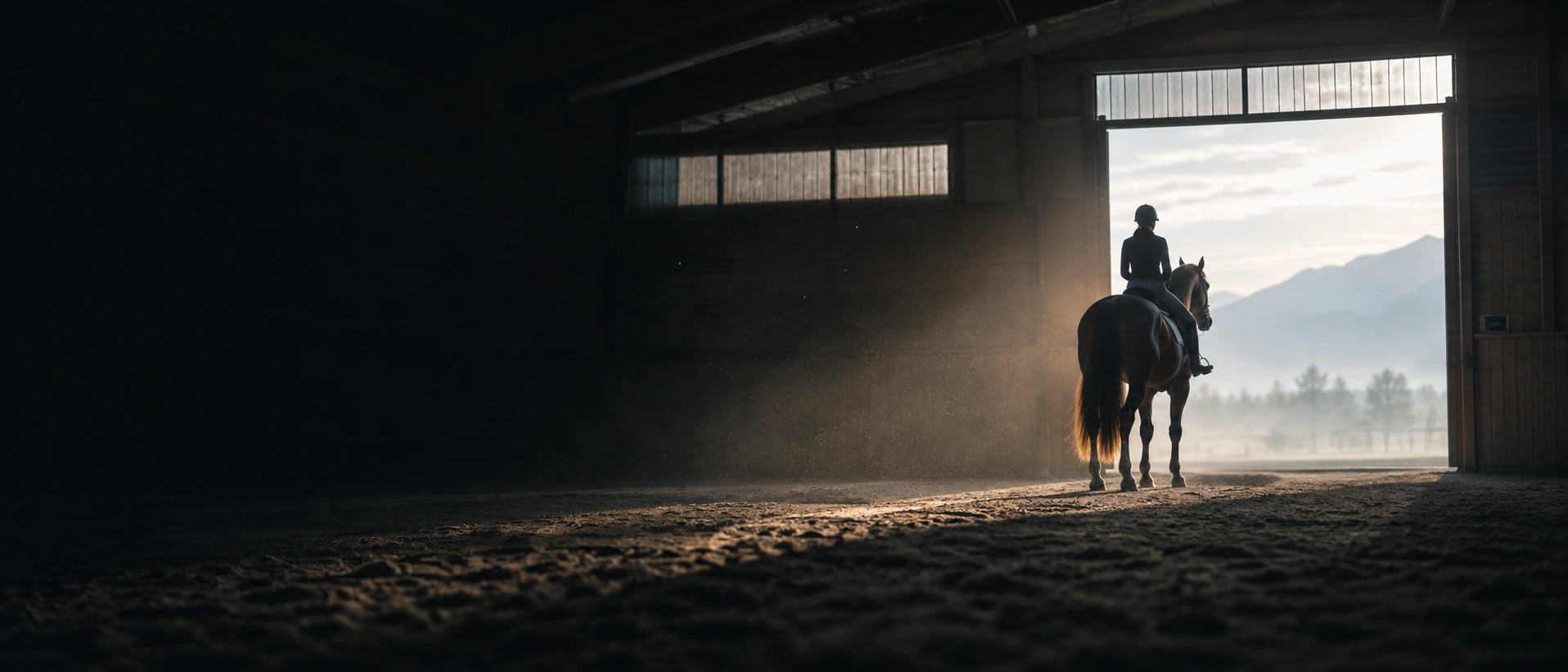 Cavalière immobile à cheval dans un manège au petit matin, face à la porte ouverte